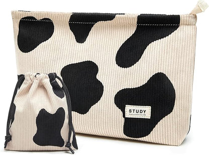 WLLWOO Makeup Bag-2pcs Cow Corduroy Cosmetic Bag Zipper Interior Waterproof Pencil Case Coin Purse Travel Toiletry Small Makeup Pouch For Women