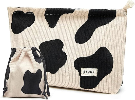 WLLWOO Makeup Bag-2pcs Cow Corduroy Cosmetic Bag Zipper Interior Waterproof Pencil Case Coin Purse Travel Toiletry Small Makeup Pouch For Women