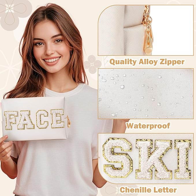 CY2SIDE SKIN Letter Makeup Bag - 2PCS SKIN and FACH Chenille Letter Patch Cosmetic Bag Preppy PU Leather Patch Pouch Waterproof Portable Zipper Travel Organizer Christmas Gifts for Women Girls(White)
