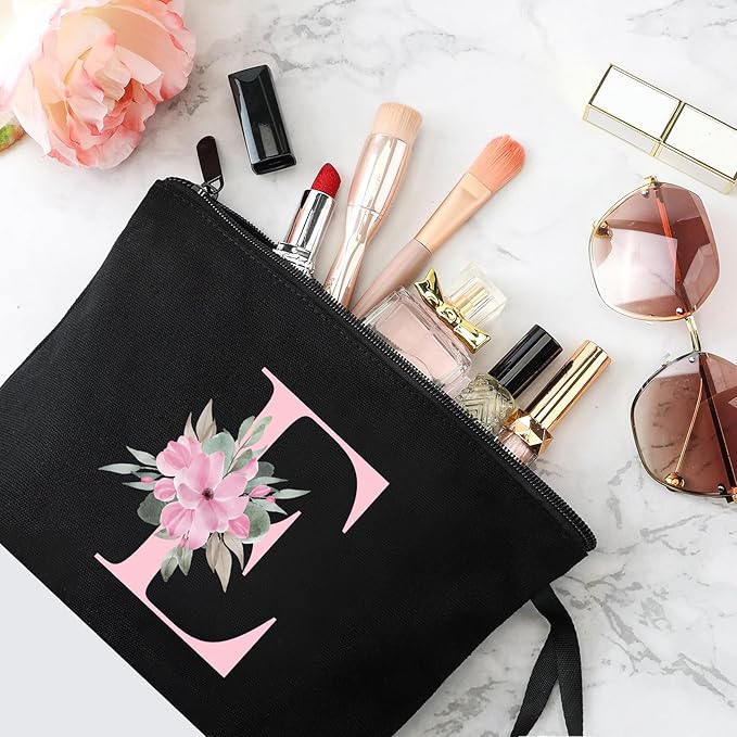Vavabox A-Z Personalized Makeup Bag, Birthday Gifts for Women Mom, Gifts for Best Friend, Bride Bridesmaid Cosmetic bag (E, Black)