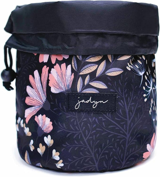 Jadyn Durable Cinch Top Makeup Organizer - Compact Travel Makeup Bag - 7 Interior Pockets for Cosmetics - Drawstring Toiletry Travel Bag for Women - 6L Storage Capacity - (Black Floral)