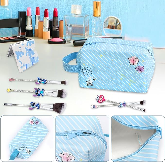 Stitch Travel Makeup Bag Large Capacity Cosmetic Bags Cartoon PU Small Skin Care Bags for Girls Women Mirror Makeup Brush