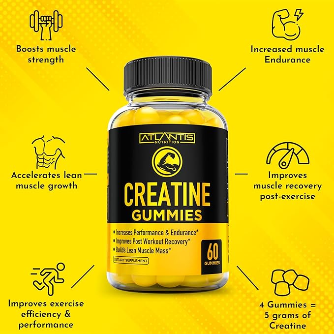 Creatine Monohydrate Gummies for Strength & Athletic Performance - 5g Creatine Per Serving - Creatine Chews to Build Muscle, for Performance & Post Workout Recovery - 60 Creatine Gummies for Women/Men