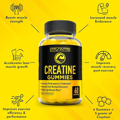 Creatine Monohydrate Gummies for Strength & Athletic Performance - 5g Creatine Per Serving - Creatine Chews to Build Muscle, for Performance & Post Workout Recovery - 60 Creatine Gummies for Women/Men