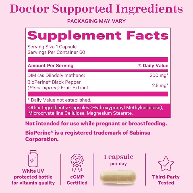 Pink Stork DIM Supplement for Women - Estrogen and Hormone Balance for Menopause, Perimenopause & PMS - DIM 200 mg Plus BioPerine for Mood Support - 60 Day Supply