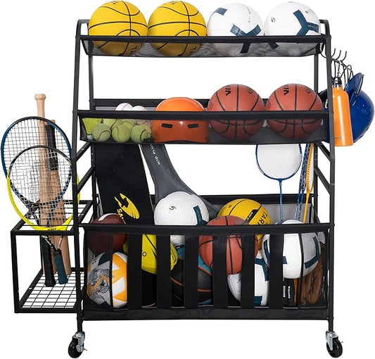 STORAGE MANIAC Ball Storage Bin Rolling Sports Ball Cart, Metal Garage Organizer Sport Rack Basketball Storage Cage for Garage or Gym, Indoor & Outdoor Sports Equipment Organizer