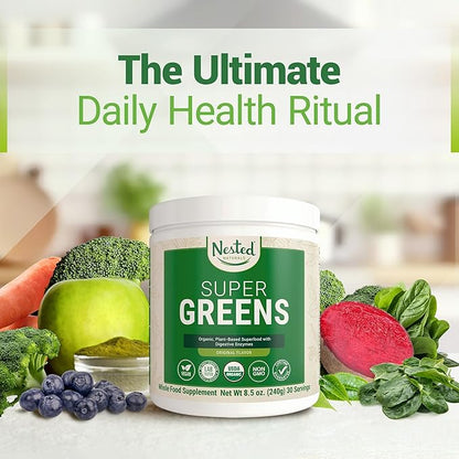 Super Greens Daily Greens Superfood Powder - Certified USDA Organic Green Powder w/20+ Whole Foods, Spirulina Powder, Wheat & Barley Grass - Probiotics, Fiber & Enzymes - Original Flavour, 30 Servings