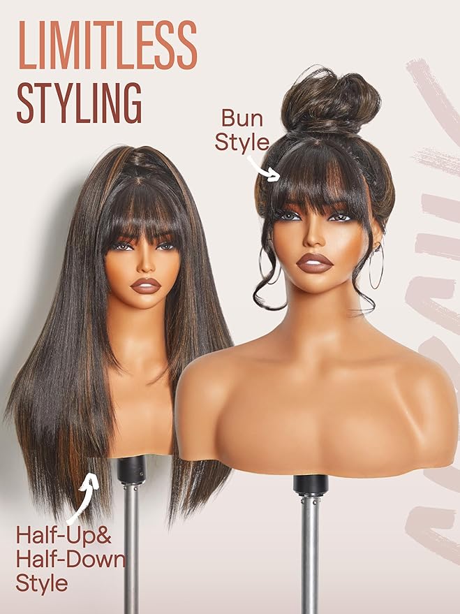 GORGIUS Straight Glueless Wig with Bangs Highlight Brown Layered Hair Ready-to-Go Synthetic Bang Wigs with Realistic Scalp 24 Inch