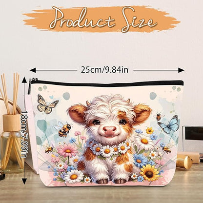 Highland Cow Gifts Makeup Bag - Floral Butterfly Highland Cow Cosmetic Bag with Zipper, Adorable Western Gifts for Cattle Farm Animal Lovers, Christmas Birthday Present for Friends Families