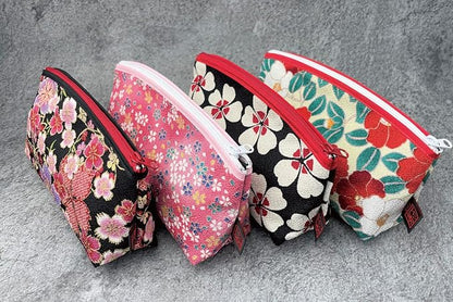Terra Distribution Small Makeup Bag for Purse [ Made in Japan] Traditional Edo Komon Design Cute Cosmetic Pouch (Cherry Blossom (Black))