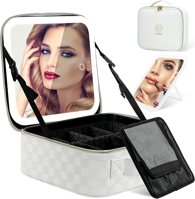 Makeup Bag with Light up Detachable Mirror 3 Color Scenarios Adjustable Brightness Large Cosmetic Organizer Storage Adjustable Dividers Waterproof Makeup Brushes Toiletry Gift White
