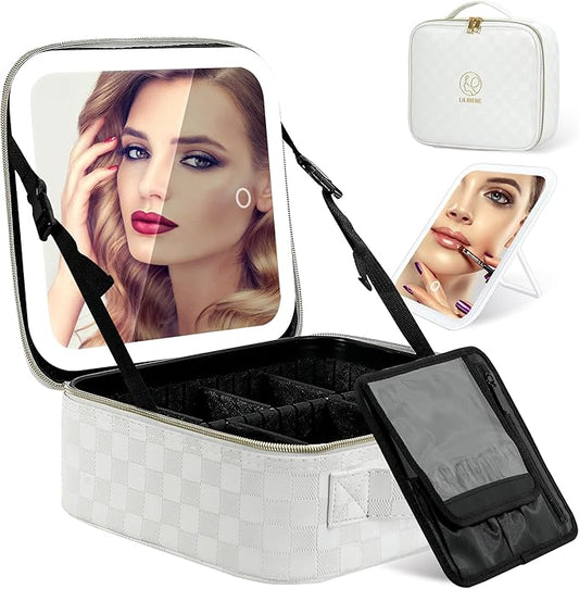 Makeup Bag with Light up Detachable Mirror 3 Color Scenarios Adjustable Brightness Large Cosmetic Organizer Storage Adjustable Dividers Waterproof Makeup Brushes Toiletry Gift White