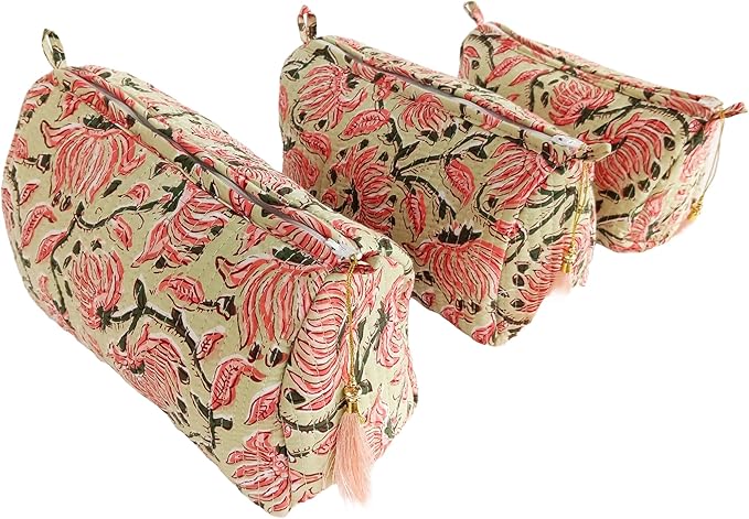 Rastogi Handicrafts Cosmetic Bags Set, 3 Piece Make Up Organizer Bag Storage Bags with Zipper Closure (3, Beige, Design-2)