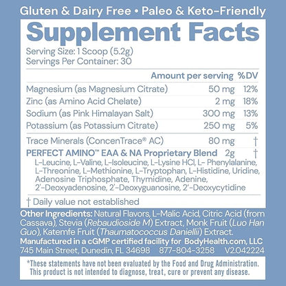 BodyHealth PerfectAmino Electrolytes Powder, Hydration Powder, Sugar Free Keto Electrolyte Drink Mix, Non GMO, Watermelon Flavor (30 Servings)