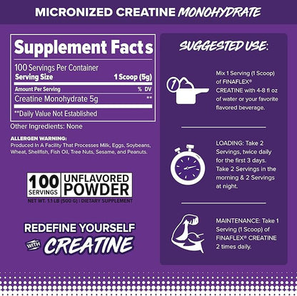 FINAFLEX PURE CREATINE, Unflavored - 500G - Promotes Muscular Strength, Size & Performance - 100% Pure, Micronized Creatine Monohydrate - 100 Servings.