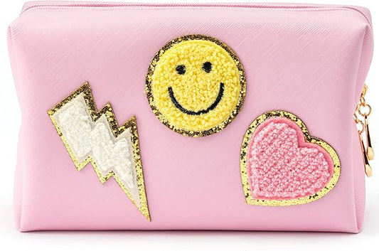 LieToi Preppy Patch Small Toiletry Bag Smile Lightning Heart PU Leather Portable Waterproof Makeup Cosmetic Bag Daily Use Storage Purse Travel Organizer Compliant Bag for Women Girls Gift (Pink)