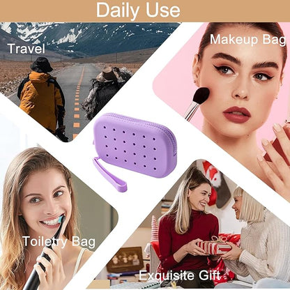 Portable Silicone Makeup Bag for Women, Small Travel Toiletry Cosmetic Bag with Decorative Holes, Zipper Closure Organizer Makeup Case with Handle (Purple)