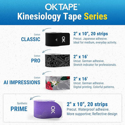 OK TAPE Synthetic Kinesiology Tape, 20 Strips, Precut K Tape, Performance Elastic Athletic Tape for Pain Relief & Muscle Support, Reflective Design, Waterproof, 2" x 10" -Beige