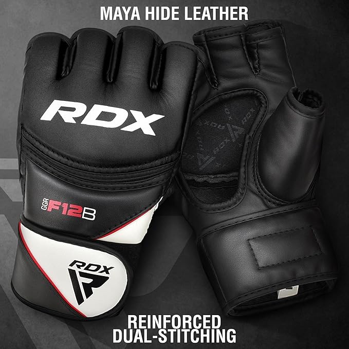 RDX MMA Gloves Grappling Sparring, Maya Hide Leather, Boxing Gloves Men Women Muay Thai Martial Arts Training, Half Finger Adjustable Mitts Wrist Support Kickboxing Cage Fighting Punching Bag Workout