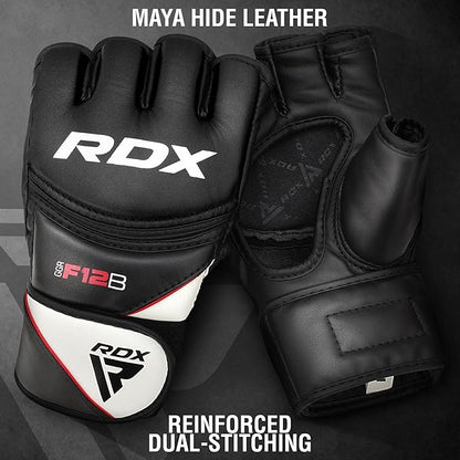 RDX MMA Gloves Grappling Sparring, Maya Hide Leather, Boxing Gloves Men Women Muay Thai Martial Arts Training, Half Finger Adjustable Mitts Wrist Support Kickboxing Cage Fighting Punching Bag Workout
