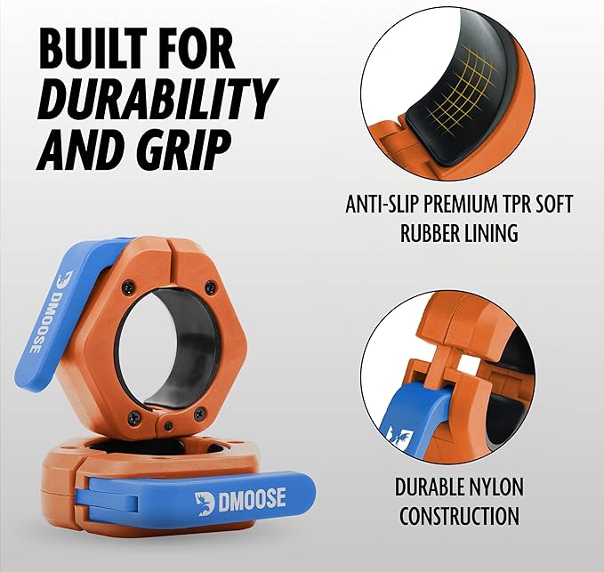 DMoose Fitness Barbell Clips 2" (Pair) - Quick Release Olympic Barbell Clamps & Collars with Anti Slip TPR Lining for Secure Weightlifting & Powerlifting - Weight Clips for Bars at Home or Gym