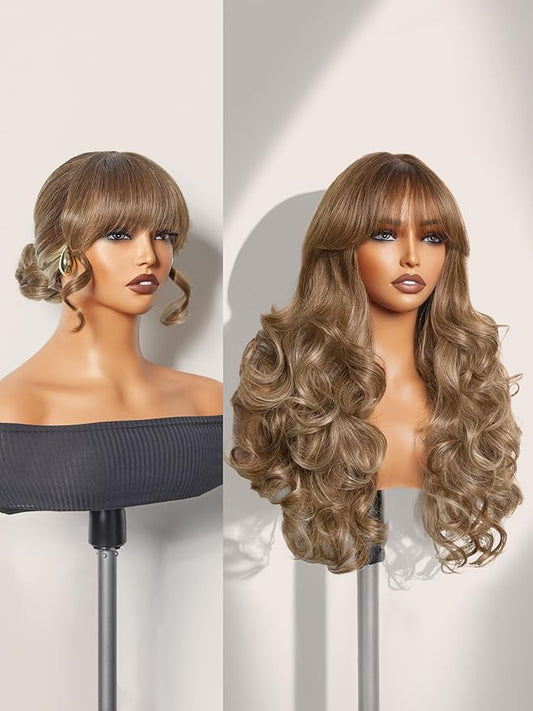 GORGIUS Glueless Wavy Wig with Bangs Balayage Blonde Synthetic Curtain Bang Wig with Realistic Scalp 22 Inch