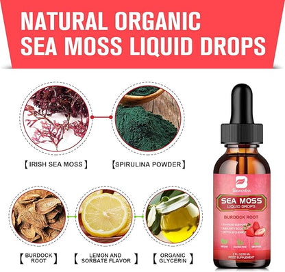 Sea Moss Liquid Drops - Organic Irish Sea Moss Gel with Spirulina, Bladderwrack, Burdock Root, Seamoss Gel Supplement for Immune, Joint, Detox Cleanse & Digestion Support - 2 Fl Oz, Vegan