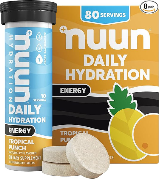 Nuun Hydration Energy Electrolyte Tablets with Caffeine, B Vitamins and Ginseng, Tropical Punch, 5 Essential Electrolytes for Hydration, Vegan, Non-GMO, 8 Pack (80 Servings)