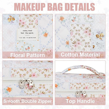 Quilted Makeup Bag Set, 3Pcs Large Checkered Corduroy Cosmetic Bags, Cute Coquette Makeup Bag Toiletry Zipper Pouch Bag for Women and Girls Checkered