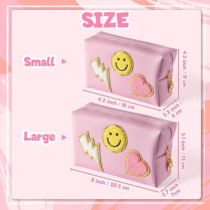 LieToi Preppy Patch Cosmetic Toiletry Bag, PU Leather Portable Waterproof Makeup Bag Smile Lightning Heart Organizer Compliant Bag Daily Travel Use Storage Purse for Women Girls (Large, Pink)
