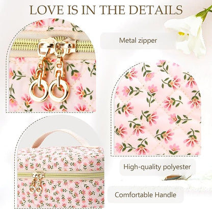 3 PCS Travel Makeup Bag Set, Large Cotton Make up Bag Quilted for Women, Floral Cosmetic Bag Toiletry Bag for Girls Cute Flower Toiletry Bag Travel Accessories Brushes Kawaii Stuff - Yellow and Flower