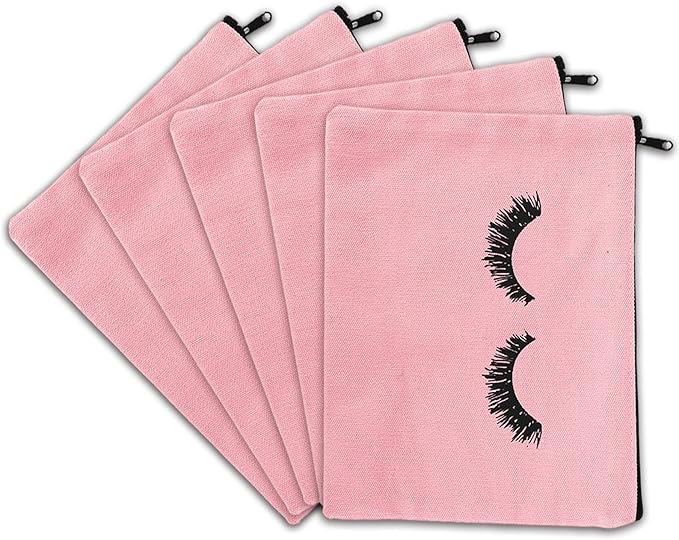 PHOGARY 6PCS Canvas Makeup Pouch, Cosmetic Bag Bulk Travel Make Up Pouch Toiletry Case with Zippered Pocket for Women (Eyelash Pattern) Pink