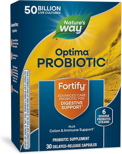 Nature's Way Fortify Optima Probiotic for Men and Women, 50 Billion Live Cultures, 6 Strains, Supports Digestive and Immune Health*, 30 Capsules (Packaging May Vary)