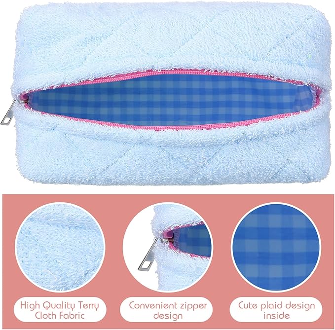 LEIFIDE 4 Pcs Quilted Makeup Bag Pouch Cute Plush Fuzzy Checkered Cosmetic Bag Cotton Terry Cloth Toiletry Pouch with Zipper Portable Travel Organizer Preppy Brush Storage for Christmas Women Gift