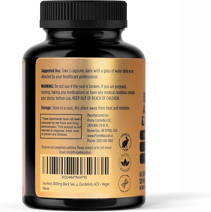 Sea Moss 3000mg Black Seed Oil 2000mg Ashwagandha 1000mg Turmeric 1000mg Bladderwrack 1000mg Burdock 1000mg Manuka Honey Dandelion ACV - 120 Capsules | 60 Days Supply | Vegan