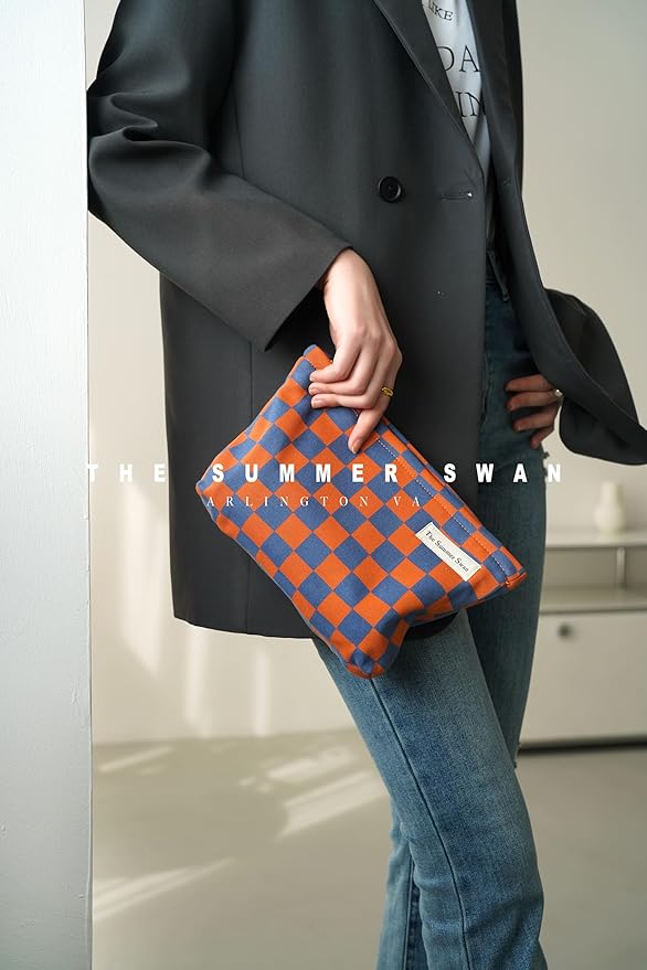 The Summer Swan Large Floral Mid-day Clutch Period Kit Hygiene Skincare Cute Makeup Bag (Colour Block Checkered Orange Navy)