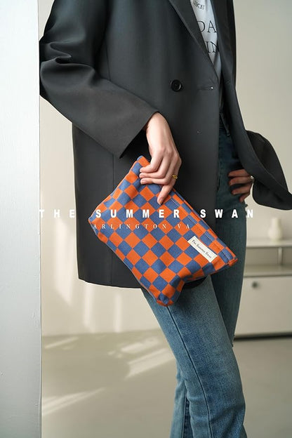 The Summer Swan Large Floral Mid-day Clutch Period Kit Hygiene Skincare Cute Makeup Bag (Colour Block Checkered Orange Navy)