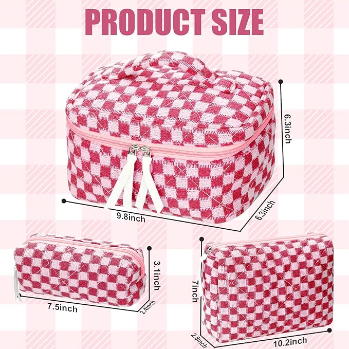 Quilted Makeup Bag Set, 3Pcs Large Checkered Corduroy Cosmetic Bags, Cute Coquette Makeup Bag Toiletry Zipper Pouch Bag for Women and Girls Checkered