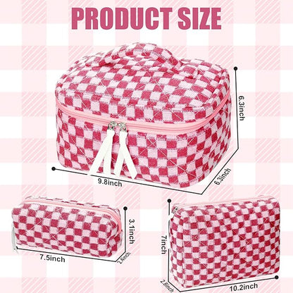 Quilted Makeup Bag Set, 3Pcs Large Checkered Corduroy Cosmetic Bags, Cute Coquette Makeup Bag Toiletry Zipper Pouch Bag for Women and Girls Checkered