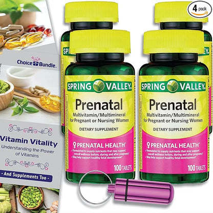 Spring Valley Prenatal Multivitamin Multimineral for Pregnant & Nursing Women Dietary Supplement Tablets 100 Ct 4 pk Choice Bundle (400 Total) + Vitamin Guide & Pill Container (6 Items)!