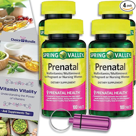 Spring Valley Prenatal Multivitamin Multimineral for Pregnant & Nursing Women Dietary Supplement Tablets 100 Ct 4 pk Choice Bundle (400 Total) + Vitamin Guide & Pill Container (6 Items)!