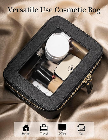 Keains Clear Makeup Bag for Women，Cosmetic Organizer Case Transparent Waterproof Travel Toiletry Bag with Zipper，Portable Make Up Organizer Traveling Compact Car Bag for Essentials（Off White）