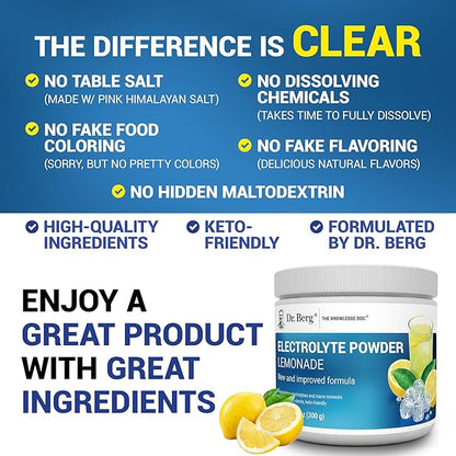 Dr. Berg Zero Sugar Hydration Keto Electrolyte Powder - Enhanced w/ 1000 mg of Potassium & Real Pink Himalayan Salt (NOT Table Salt) - Lemonade Flavor Hydration Drink Mix Supplement - 50 Servings