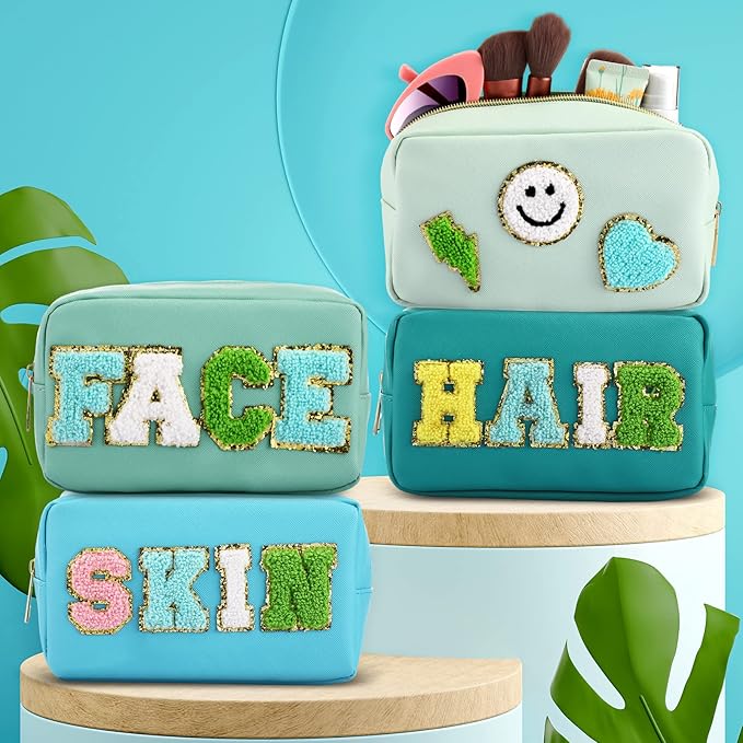 Sanwuta 4 Pcs Hair Face Skin Travel Bag Set Preppy Makeup Pouch PU Leather Skincare Bag Waterproof Cosmetic Organizer Birthday Christmas Gifts(Blue, Mint Green, Green, Malachite Green,Fresh Style)