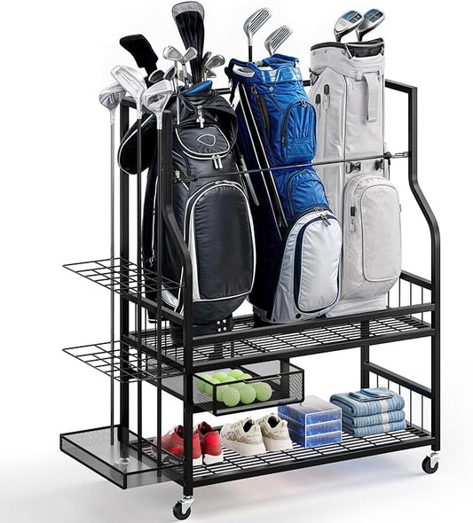 DWVO Golf Bag Organizer for Garage, Golf Storage Organizer w/Wheels for Garage Club and Shed, Golf Bag Storage Rack w/Drawer for Golf Bags, Clubs, Balls and Other Equipment Accessories