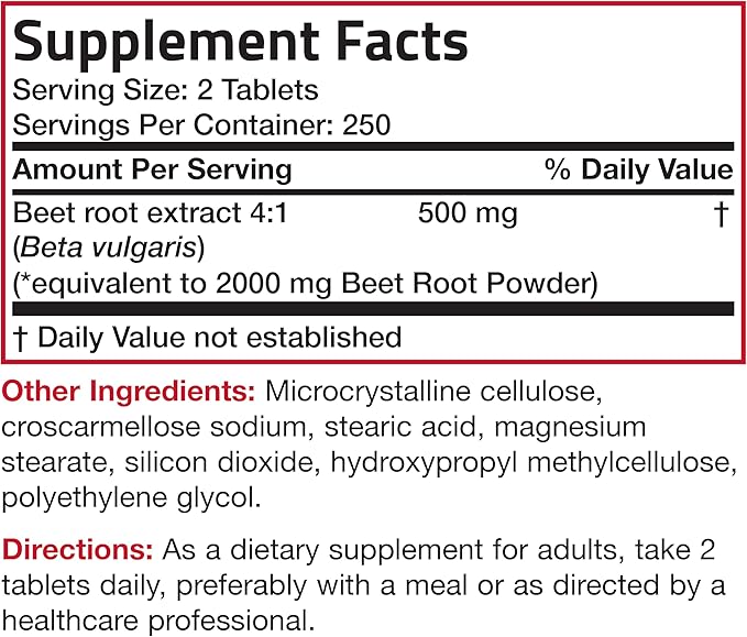 Bronson Beet Root Extra Strength (Equivalent to 2000mg Beet Root per Serving from 500mg 4:1 Extract), Non-GMO, 500 Vegetarian Tablets