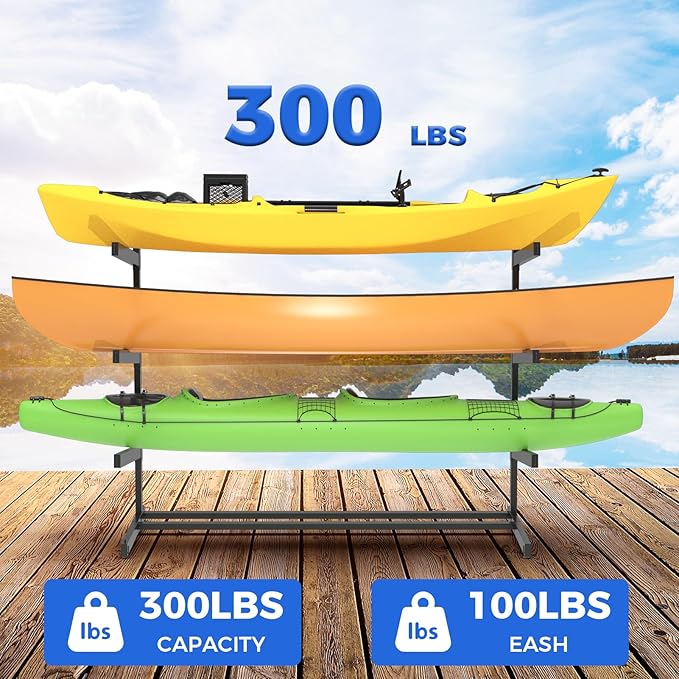 Kayak Storage Rack, Heavy Duty Adjustable Freestanding Kayak Stand with Wheels or Protection Pad for Kayaks, SUPs, Canoe and Paddleboard Kayak Rack for Indoor & Outdoor Use
