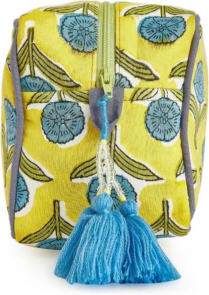 Travel Makeup Bag- Large Capacity Cosmetic Bags for Women - Water Resistance Lining Portable Pouch & Open Toiletry Bag - Perfect Girls Makeup Organizer for Travel Essentials (Blue & Yellow Floral)