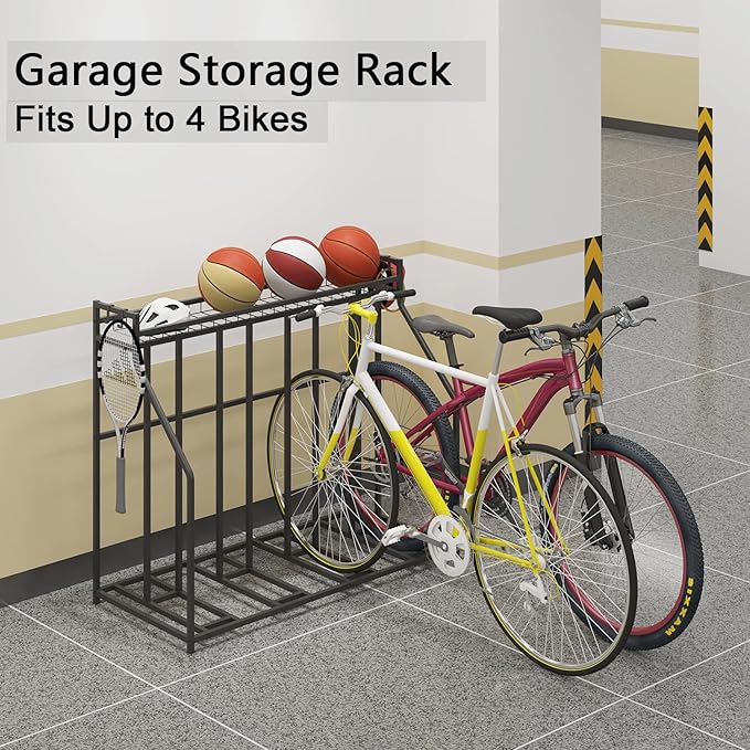 Stand Bike Racks for Garage, 4 Bike Stand Rack with Storage Basket, Metal Floor Bike Parking, Garage Organizer Suitable for Mountain, Hybrid, Adult and Kids Bikes