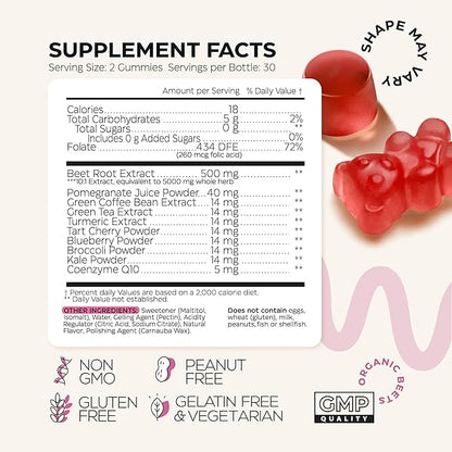 Beets for High Blood Pressure 5000 Mg - Beet Root Gummies with Pomegranate Juice Powder - Beet Chews for Cardio Health and Energy - Nitric Oxide Supplement Gummies for Men and Women - No GMO - 120 pcs